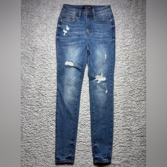 Judy Blue Jeans Womens 25 Skinny Dark Distressed High Rise Embroidered Casual - Picture 1 of 5